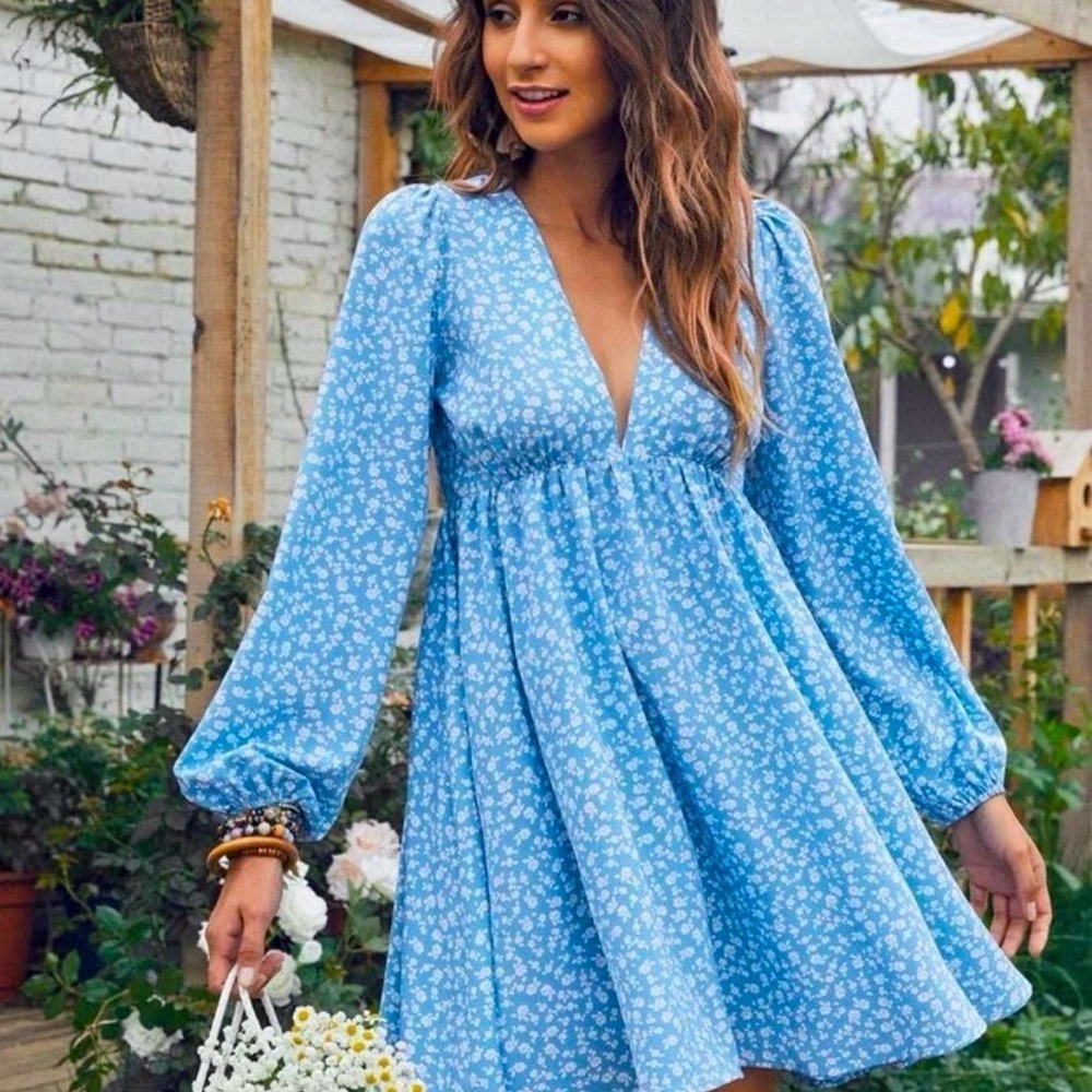 Floral V-Neck Flowy Polyester Lantern-Sleeve Mini Sun Dress